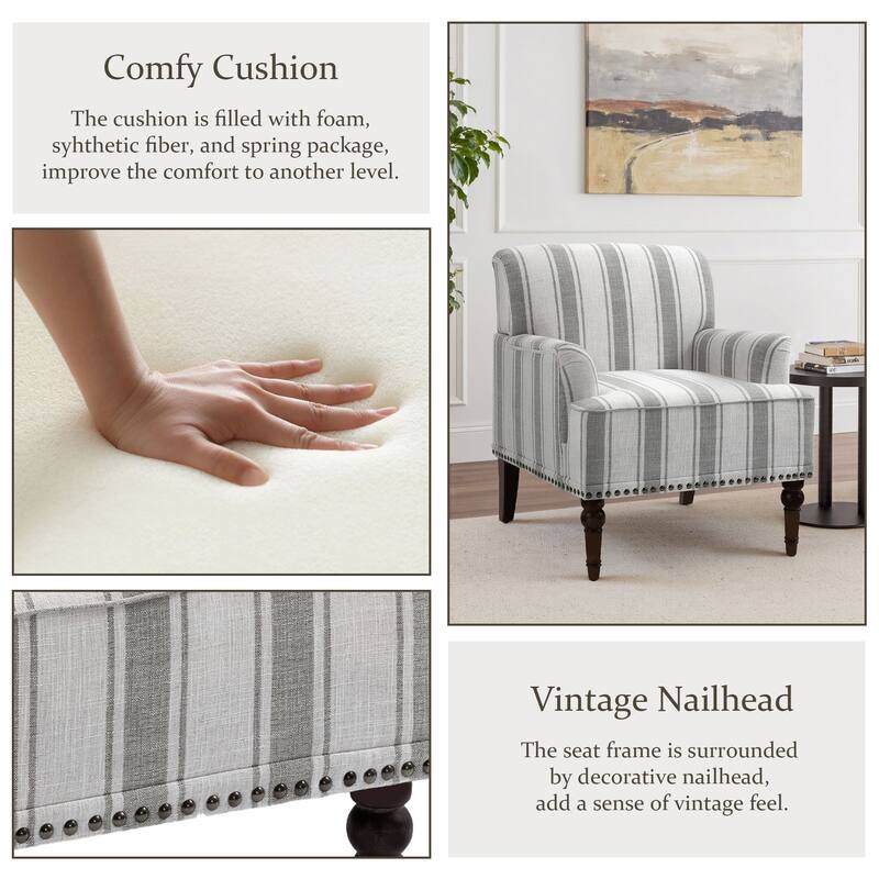 Set 2 Striped Upholstered Linen Armchair with Brass Nailhead Trim