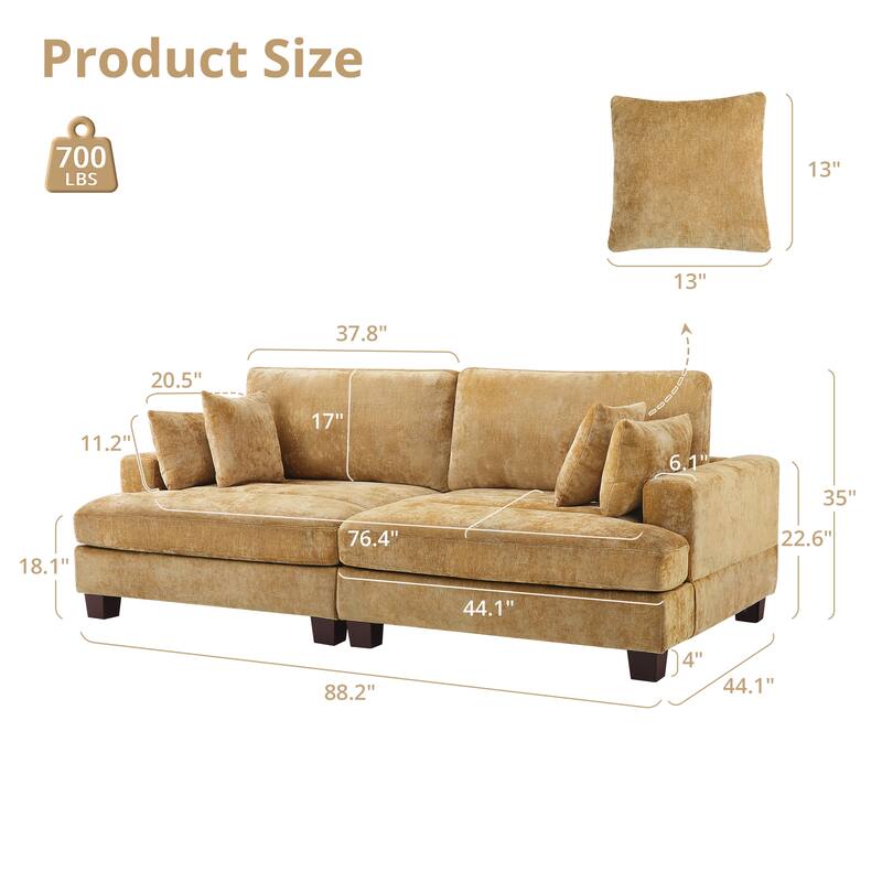 88"W 3-Seater Sofa Chenille Upholstered Couch Modern Loveseat Sofa Wooden Frame Sofa for Living Room