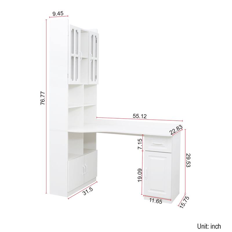 L-Shaped Corner Computer Desk for Home Office or Study desk, Study Modern Style Table with Drawers, Bookshelf & Hutch