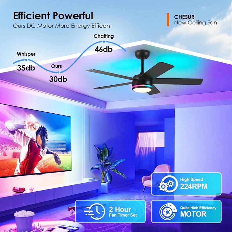 46 Inches Downrod Ceiling Fan with Light and Remote,Quiet DC Motor,Reversible Blades - 46 Inches