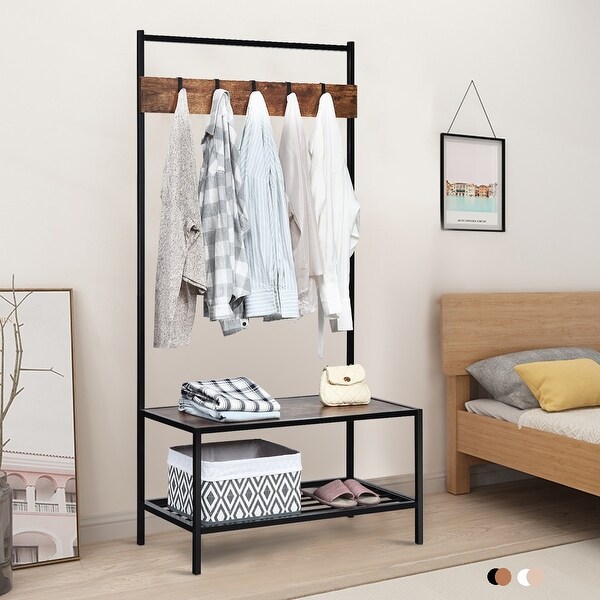 COSTWAY 3 in 1 Industrial Coat Rack Shoe Bench Entryway Hall Tree Storage Shelf w/ Hooks