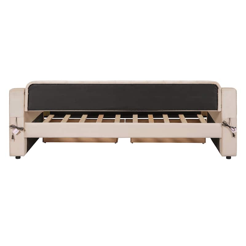 Velvet Upholstered Twin Daybed with Storage Armrests, 2 USB Ports, and Large Pull-Out Drawers, Modern Design