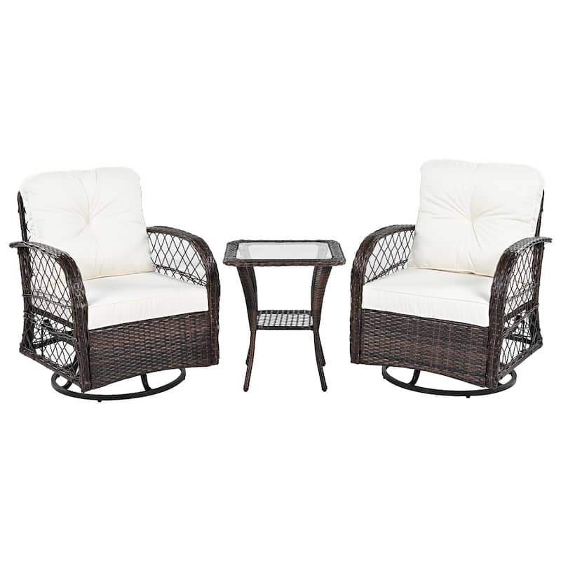 3-Piece Outdoor Chair Table Set Chat with Square Table & 2 Swiveling Chairs Set 2-person Rattan Seating Group for Garden Brown