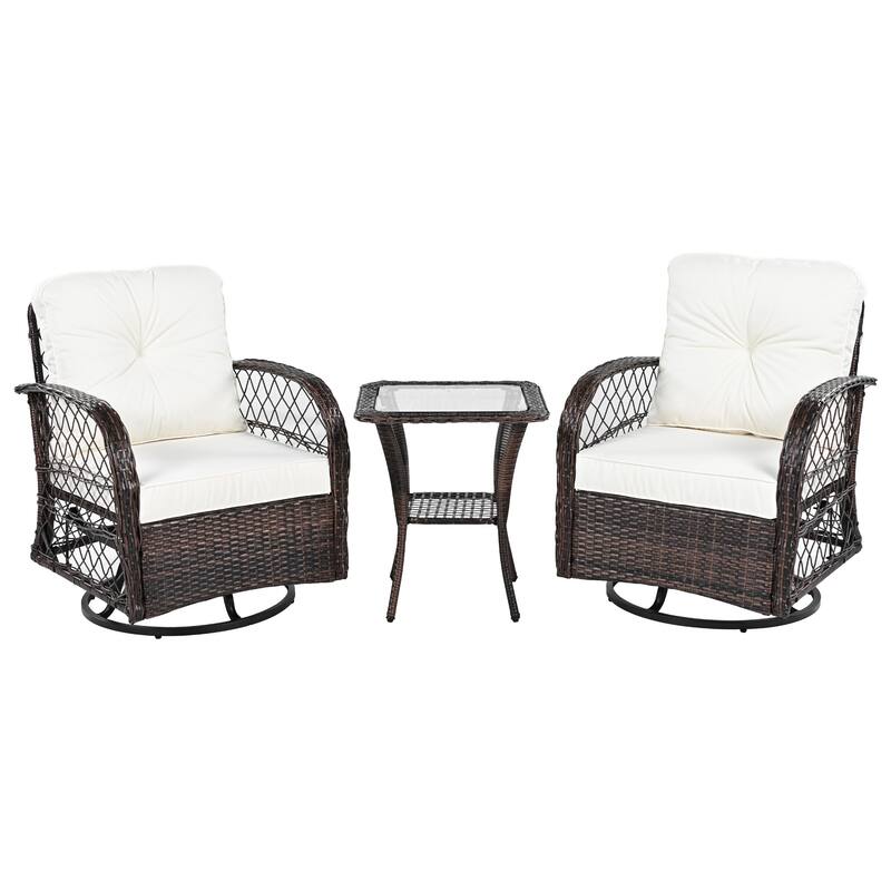3-Piece Outdoor Chair Table Set Chat with Square Table & 2 Swiveling Chairs Set 2-person Rattan Seating Group for Garden
