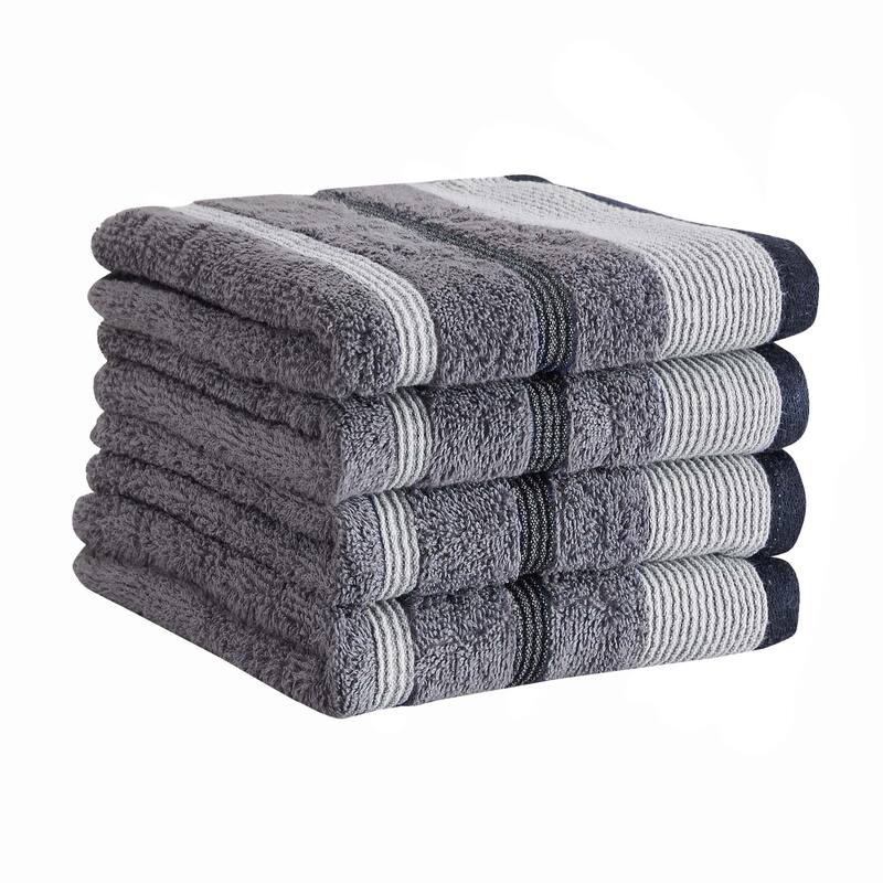 Linery & Co. Luxury Cotton Decorative Towel Set. - Hand Towel (Pack of 4) - Chambray Blue / White / Navy Blue.