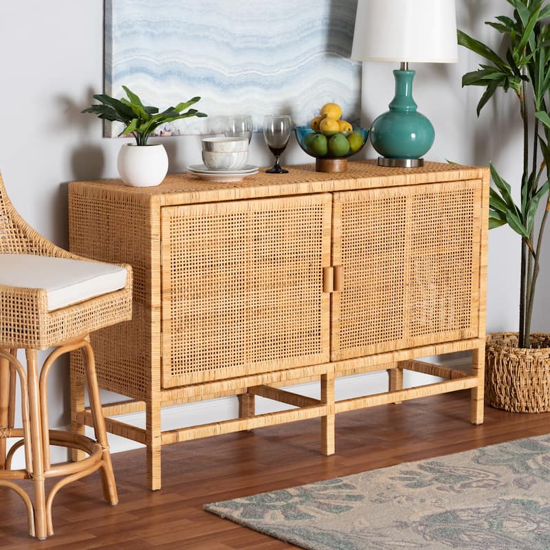 Vivan Modern Bohemian Natural Brown Rattan and Mahogany Wood Storage Cabinet