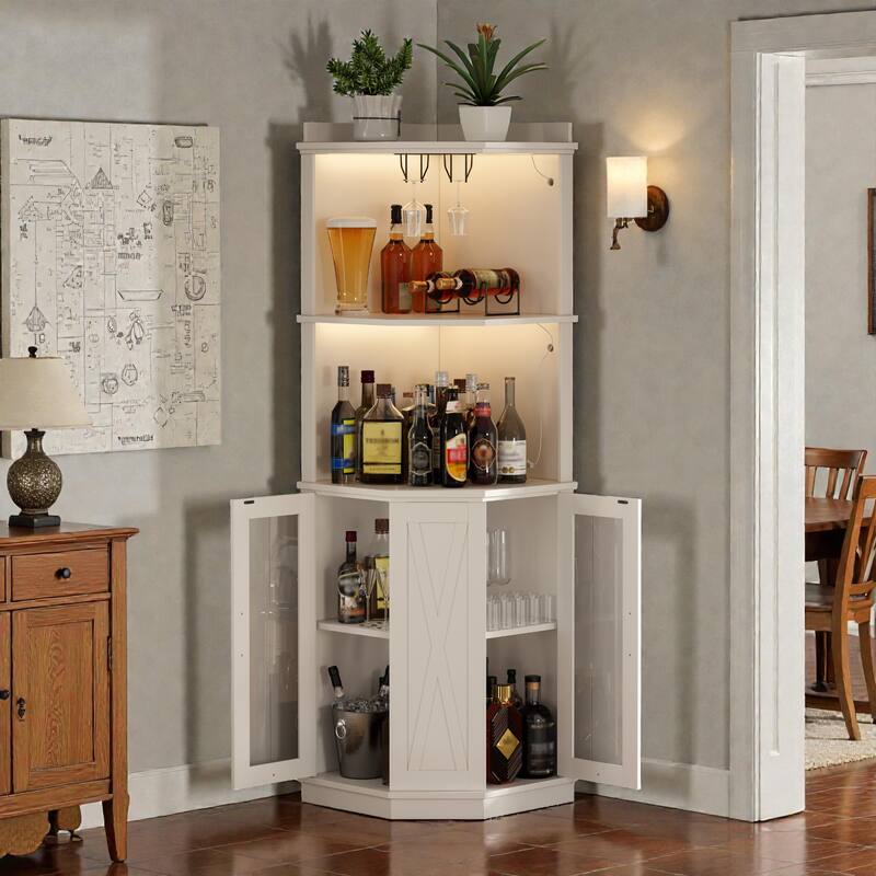 67.3" Corner Bar Cabinet with LED Lights and Power Outlets, Farmhouse Wine Bar with Glass Rack and Adjustable Shelves