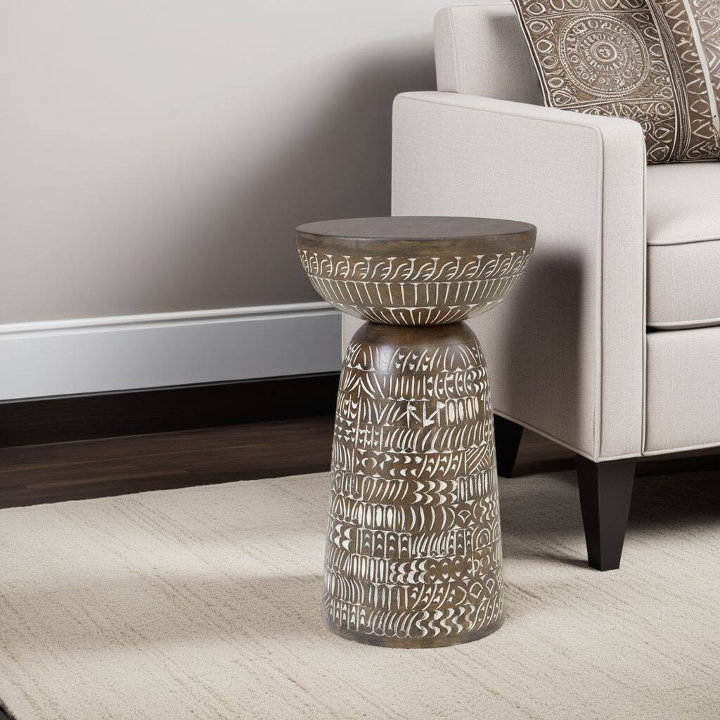 Accent Table, Faux Wood Classical Tribal Carved Design, Brown 14 Inch