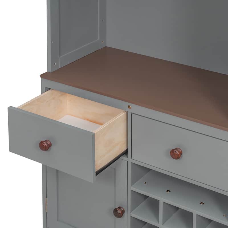 All-in-one Murphy Bed Queen Size Storage Bed Cabinet with Wine Rack, Glass Holder, Drawers, Open Shelves and LED Lights