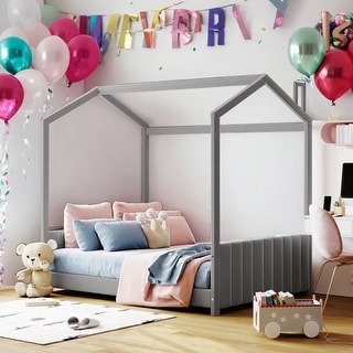 Full Size Velvet House Bed Wood Bed With Strips on Headboard