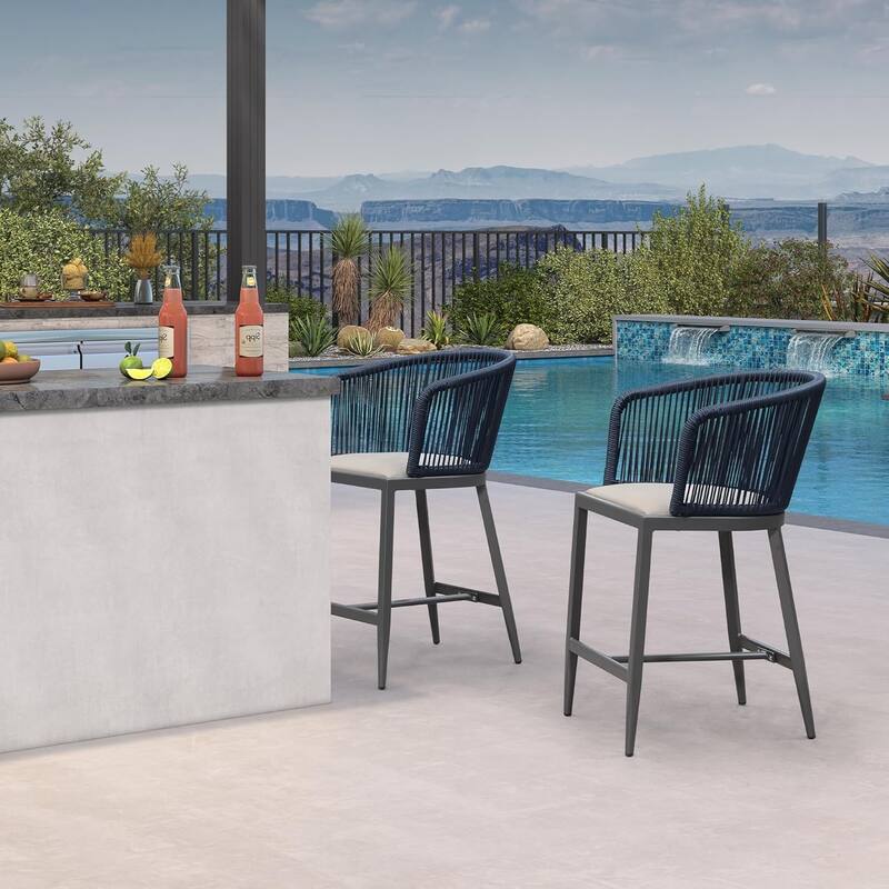 PURPLE LEAF Outdoor Bar Stools Chair Set of 2, All Weather Rattan and Aluminum Patio Bar Stool with Cushion - Grey-counter stool