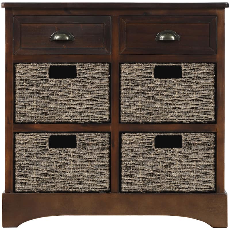 Modern Farmhouse Storage Cabinet with Rattan Baskets, Acacia Wood for Living Room