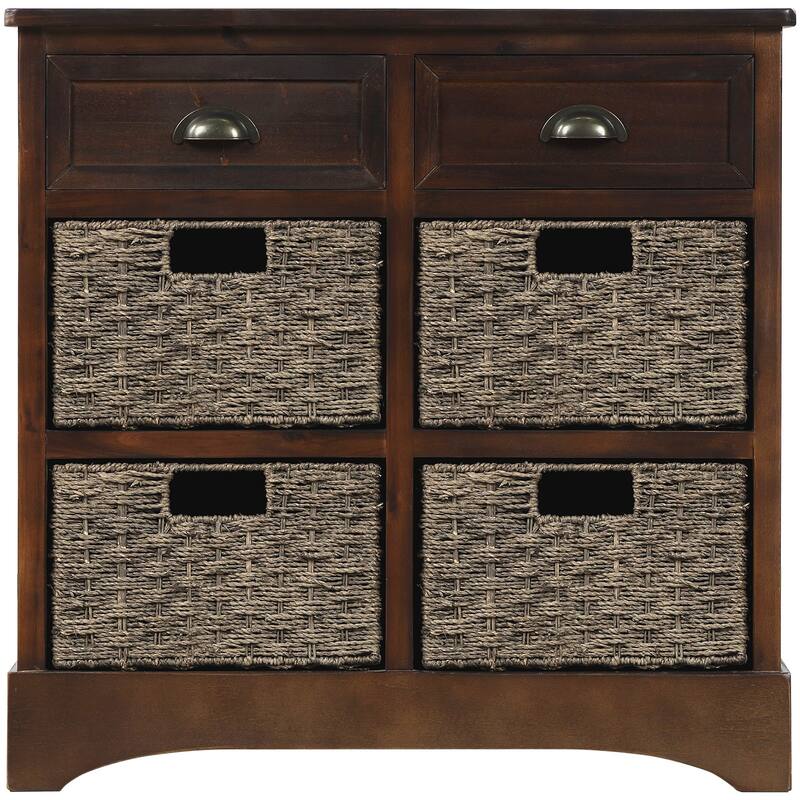 Rustic Sideboard Buffet Cabinet with Two Drawers & Four Rattan Baskets for Living Room or Dining Room