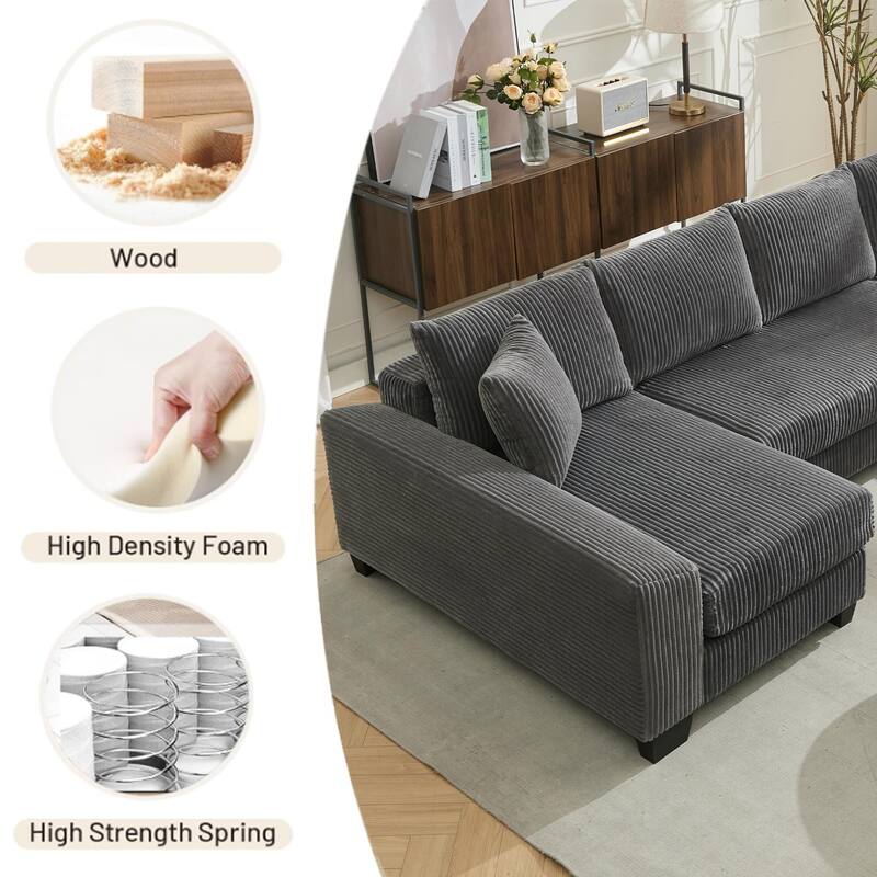 114" Corduroy U-Shaped Sleeper Sofa with Pull-Out Bed, 4 Back Cushions and 2 Throw Pillows