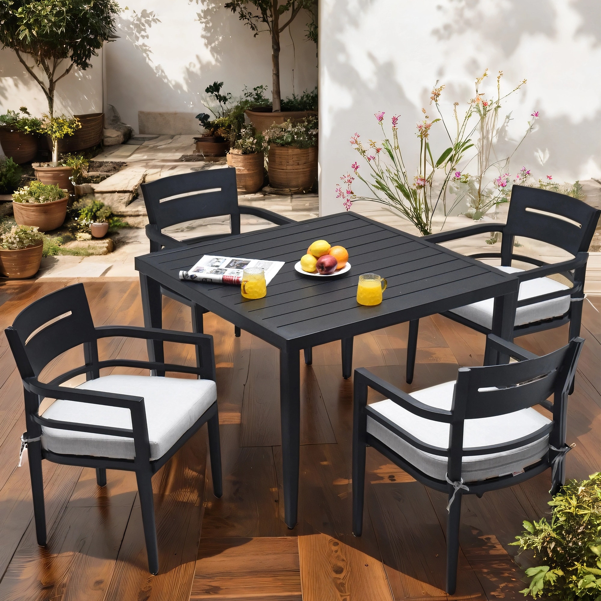 5 Piece Outdoor Aluminum Patio Dining Set, 40" Square Dining Table with Umbrella Hole, 4 Dining Chairs with Removable Cushions