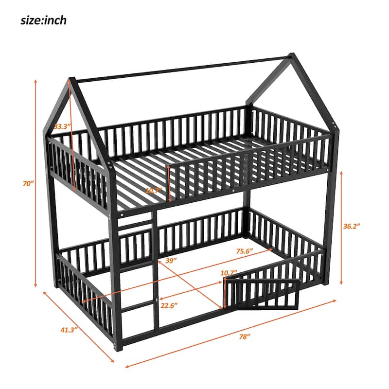 Metal Twin Size House Bunk Bed with Roof Design, Twin over Twin Floor Bunk Bed Frame with Fence Shaped Guardrail and Door