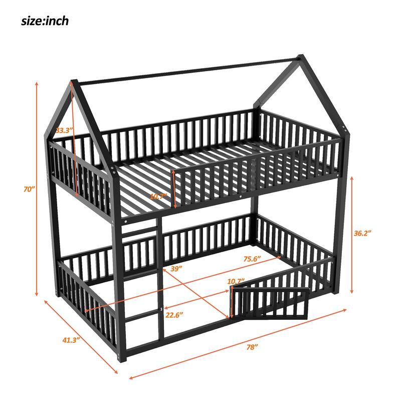 Metal Twin over Twin House Bunk Bed with Fence, Door & Playful Design