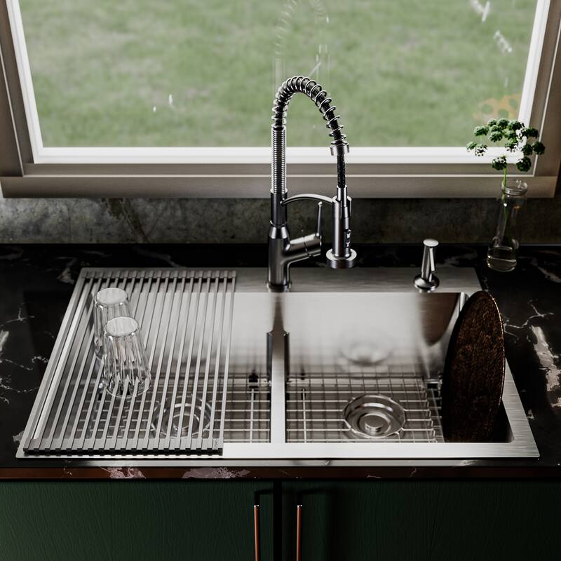 Karran Fusion Top Mount 33-in x 22-in Stainless Steel Double Equal Bowl Kitchen Sink