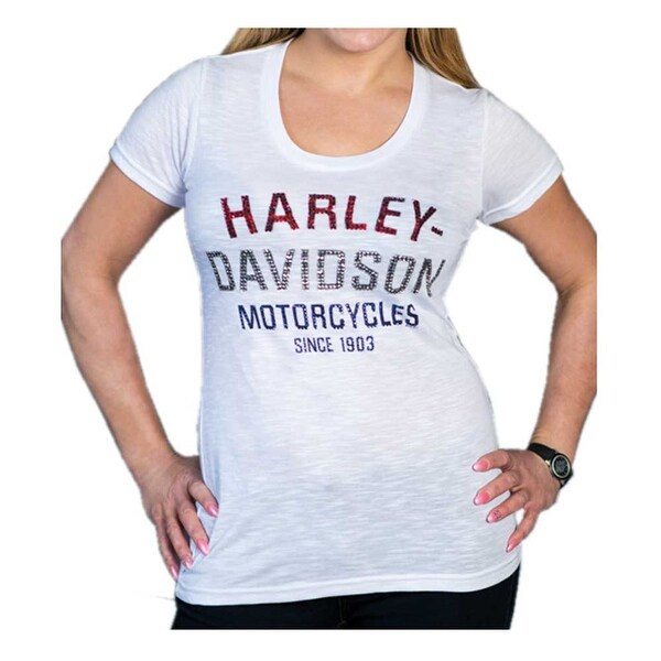 Shop Harley Davidson Women S Blinged Heritage Short Sleeve Scoop Neck Tee White Ships To Canada Overstock 25559572