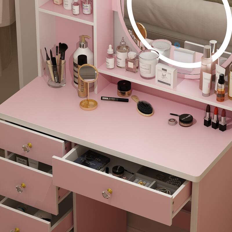 Timechee 31.5" Wide Makeup Vanity Set with Stool, Mirror,3 Color Light - 31.5"W