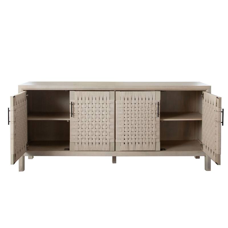 Pam Sideboard Buffet Cabinet 76 Inch, Natural Mango Wood w 4 Woven Doors