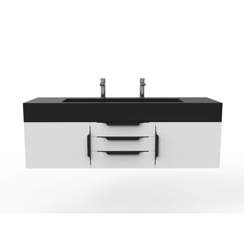 Nile 60" Wall Mounted Bathroom Vanity Set w/ Black Top - White - Matte