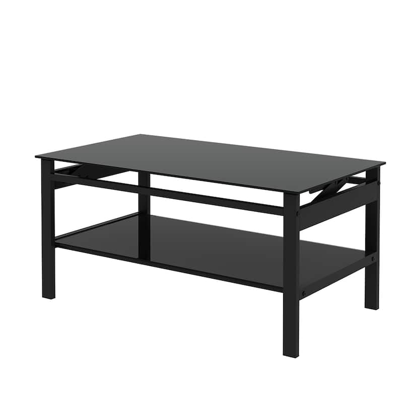 Glass Lift Top Coffee Table, Modern Simple 2Layer Tempered Glass Coffee Table for Living Room
