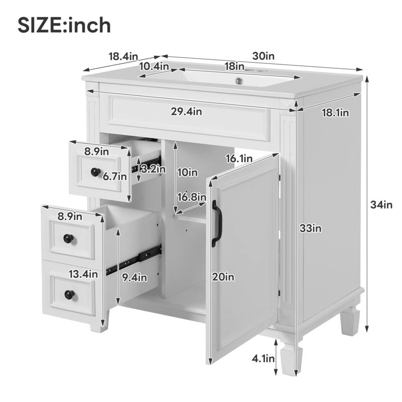 30'' Freestanding Bathroom Vanity with White Integrated Ceramic Sink - 30'' x 18.4'' x 34''