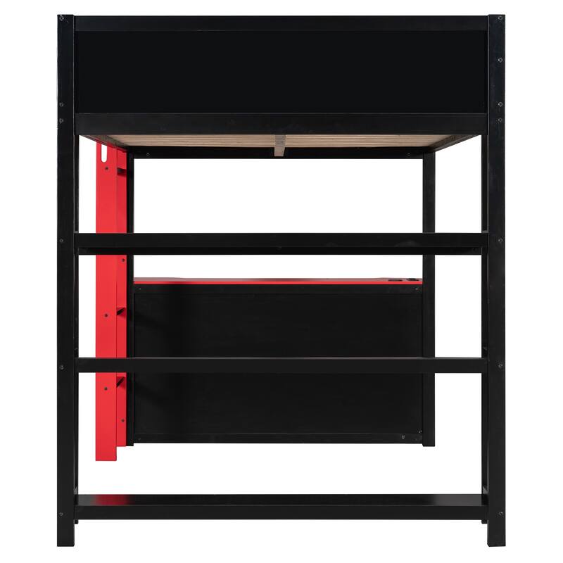 Full Size Gaming Loft Bed Station with Desk, Storage Shelves & RGB LED Lights