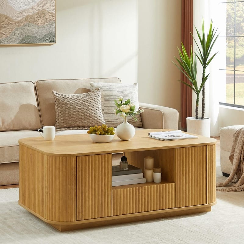 Modern 46.5" Oval Coffee Table with Storage Drawers and Unique Curved Design for Living Room Spaces