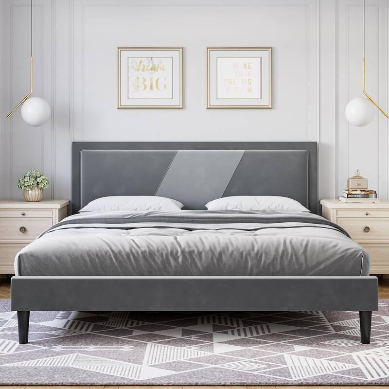 Bed Frame with Adjustable Height Headboard - Light Grey - Queen