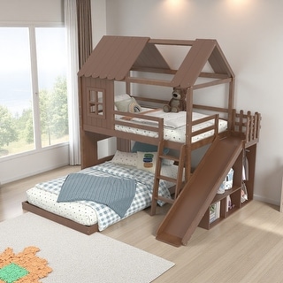 Twin over Full Pine Wood House Bunk Bed with Slide, Ladder, Storage ...