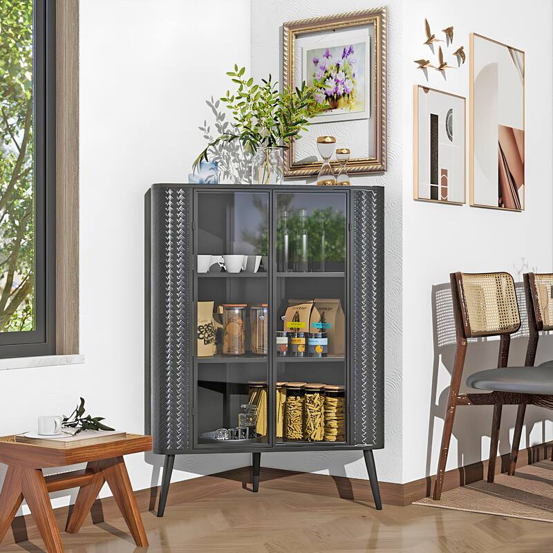3-Tier Corner Storage Cabinet with Tempered Glass Doors, Removeable Shelves & Metal Frame - Freestanding Space-Saving Organizer - Antique Black