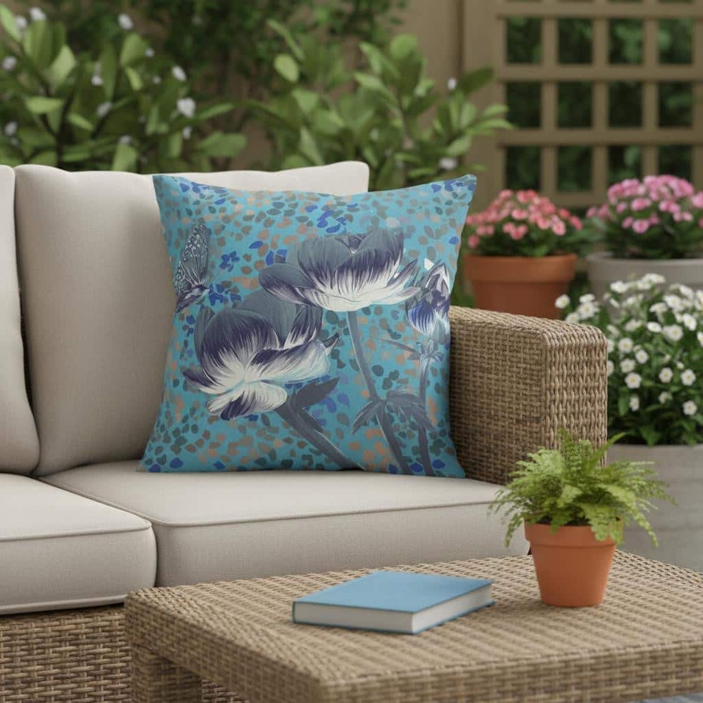 HomeRoots 16" x 16" Blue and Green Butterfly Blown Seam Floral Indoor Outdoor Throw Pillow - 16.00' X '5.00' X '16.00