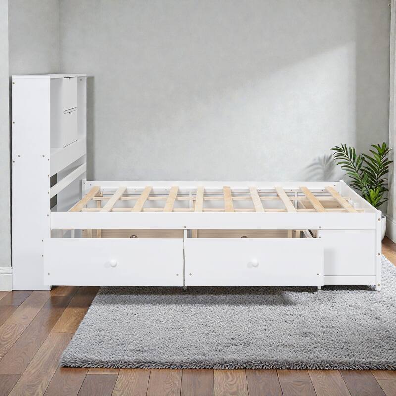 Platform Bed with Headboard Storage and 8 Drawers, Wood Bed Frame with Shelves and No Box Spring Needed