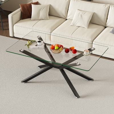 39.37" Rectangular Clear Tempered Glass Coffee Table,Stylish Design with Black Metal Legs, Coffee Table for Living Room