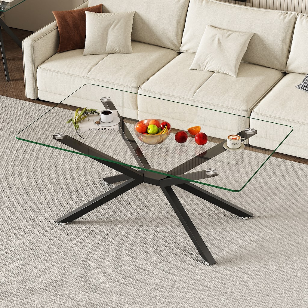 39.37" Rectangular Clear Tempered Glass Coffee Table,Stylish Design with Black Metal Legs, Coffee Table for Living Room