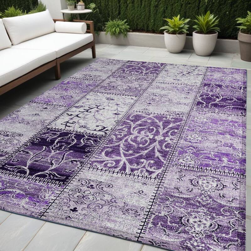 Mana Patchwork Weather Resistant Blended Style Outdoor Rug - 5' X 8' - Purple
