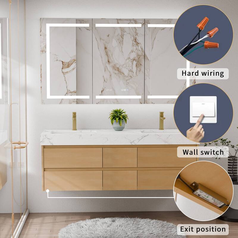 Modland 60" Floating Bathroom Vanity, Modern Maple Wood Wall Mounted Vanity with Marble Countertop,6 Soft-Close Drawers