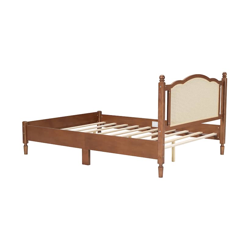 Queen Size Walnut Wooden Platform Bed with Natural Rattan Headboard, Vintage Design