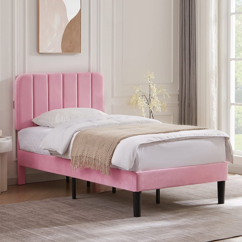 VECELO Velvet Upholstered Bed Frame with Vertical Channel Tufted Headboard, Adjustable Headboard, Wooden Slats Support