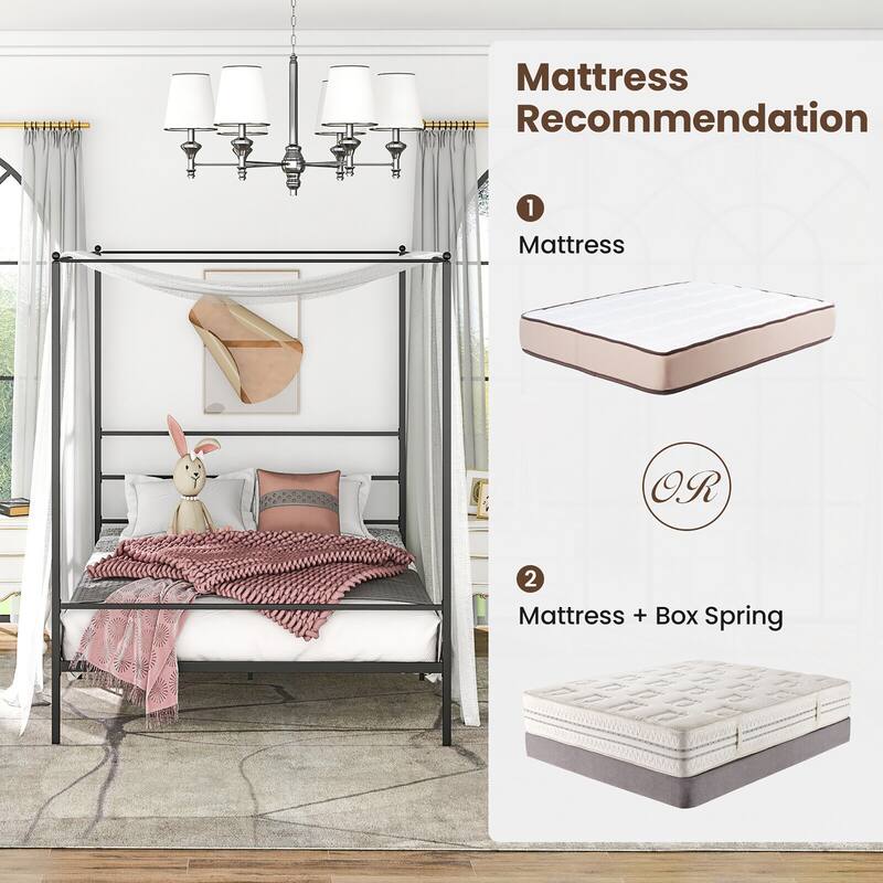 Gymax Twin/Full/Queen Metal Canopy Platform Bed Frame Mattress