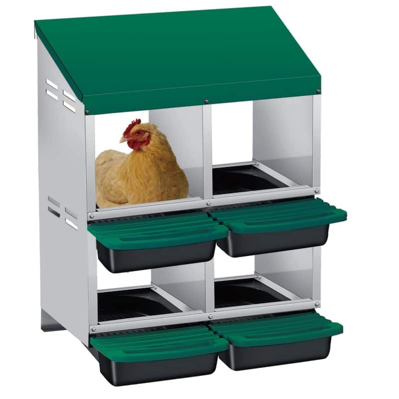 Roll-Away Nesting Boxes for Chickens Coop with Perch - 4 Hole Green Double-Layer
