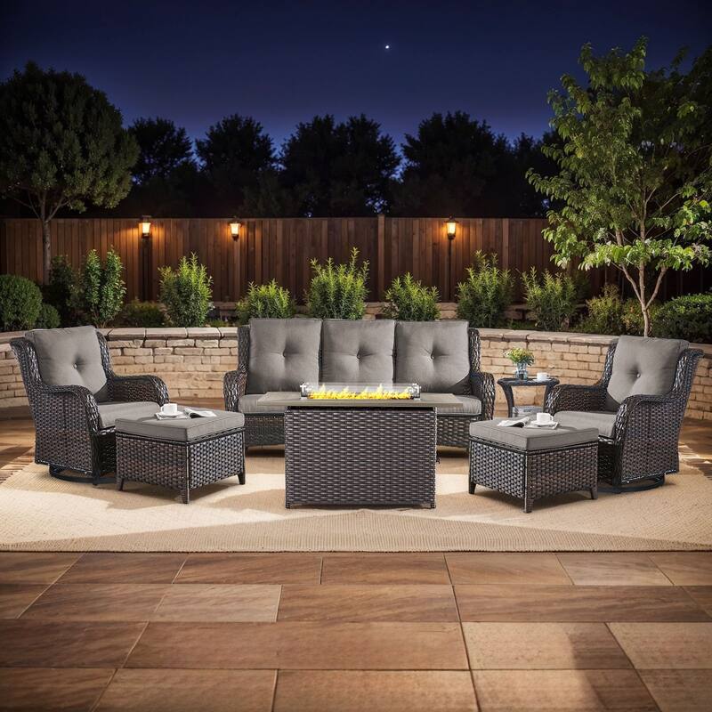 Gymojoy 7-Piece Outdoor Furniture Sofa Set with 2 Swivel Chairs, 2 Ottomans, End Table & 55K BTU Fire Pit Table - Brown Wicker / Grey Cusion - 7-Piece