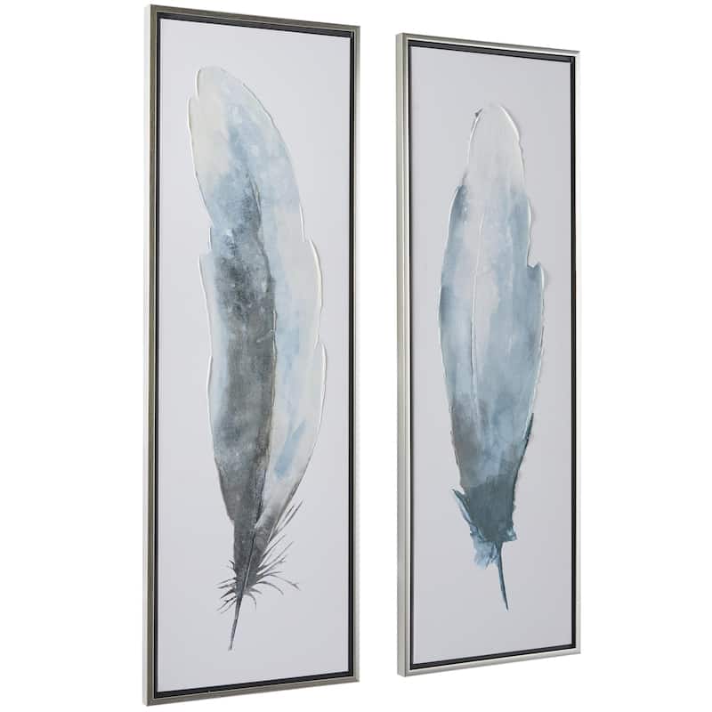 Canvas Bird Feathers Living Room Framed Wall Art with Silver Frame - Set of 2 Blue - Roche River Decor