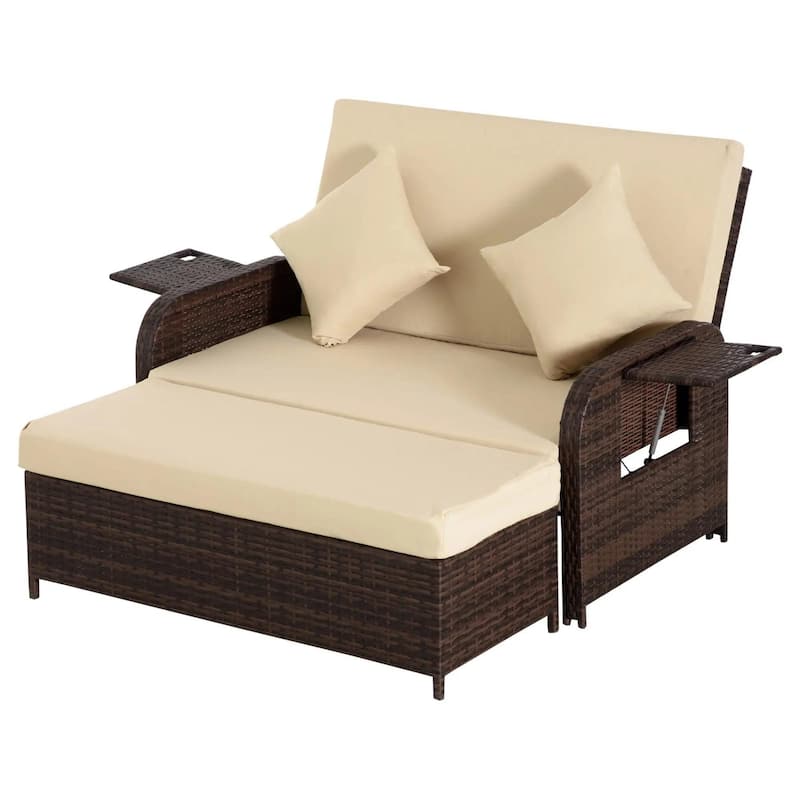 Patio Rattan Daybed with Cushions, Storage Ottoman, Side Tables