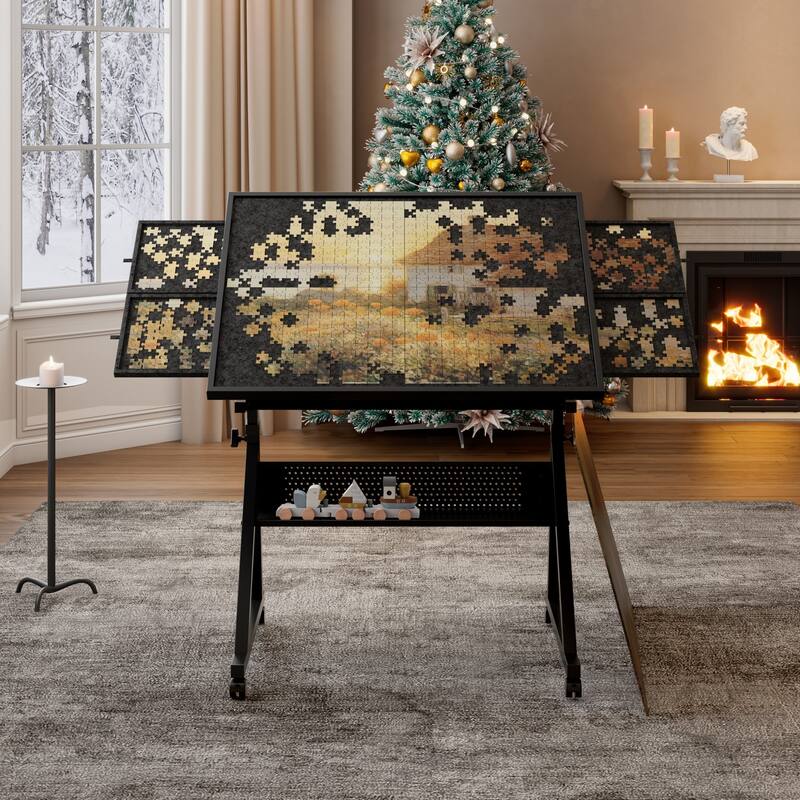 Tiltable Puzzle Table with Trays and Lockable Wheelsa