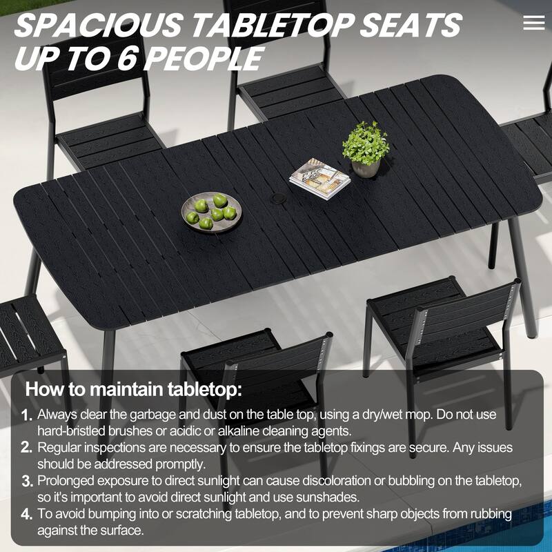 7-Piece Patio Outdoor Dining Set Aluminum Rectangle Table with Umbrella Hole and Stackable Chairs