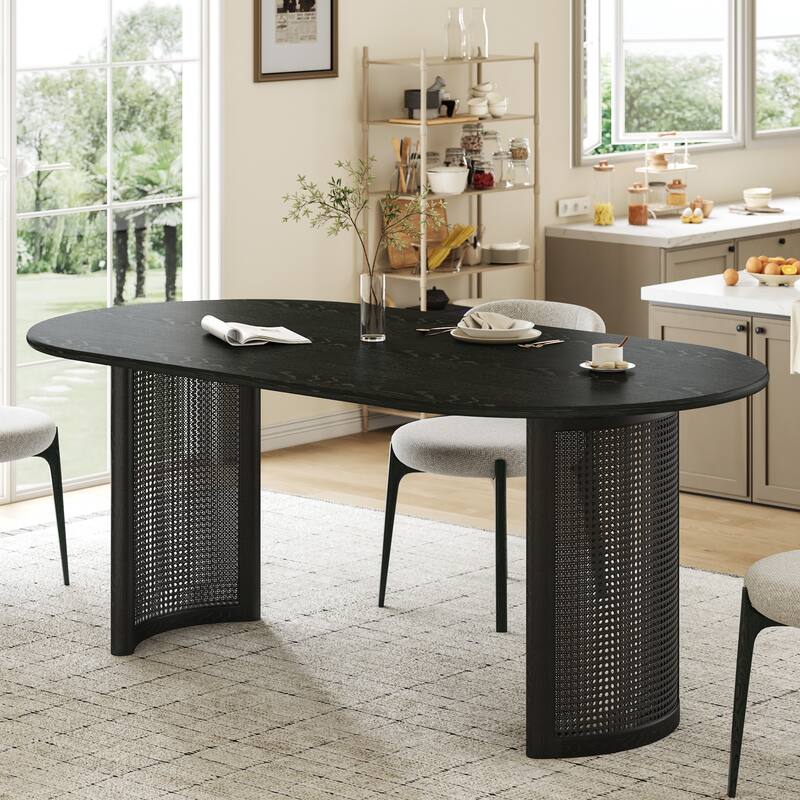 Oval Dining Table with Arc-Shaped Edge Top and Rattan Woven Base Modern Farmhouse Kitchen Table for Living Room Dining Room