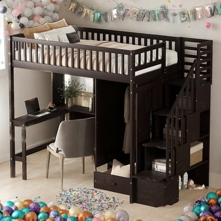 Twin Size Loft Bed With Bookshelf,Drawers,Desk And Wardrobe for Home